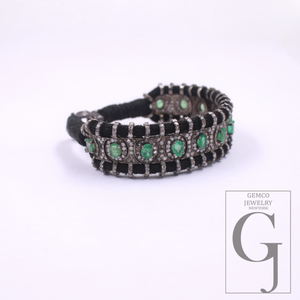 Natural Emerald With Pave Diamonds Thread Bracelet Handmade Finish Thread Jewelry Everyday Wear