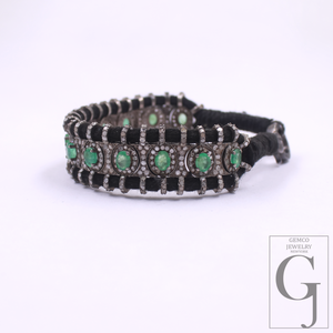 Natural Emerald With Pave Diamonds Thread Bracelet Handmade Finish Thread Jewelry Everyday Wear