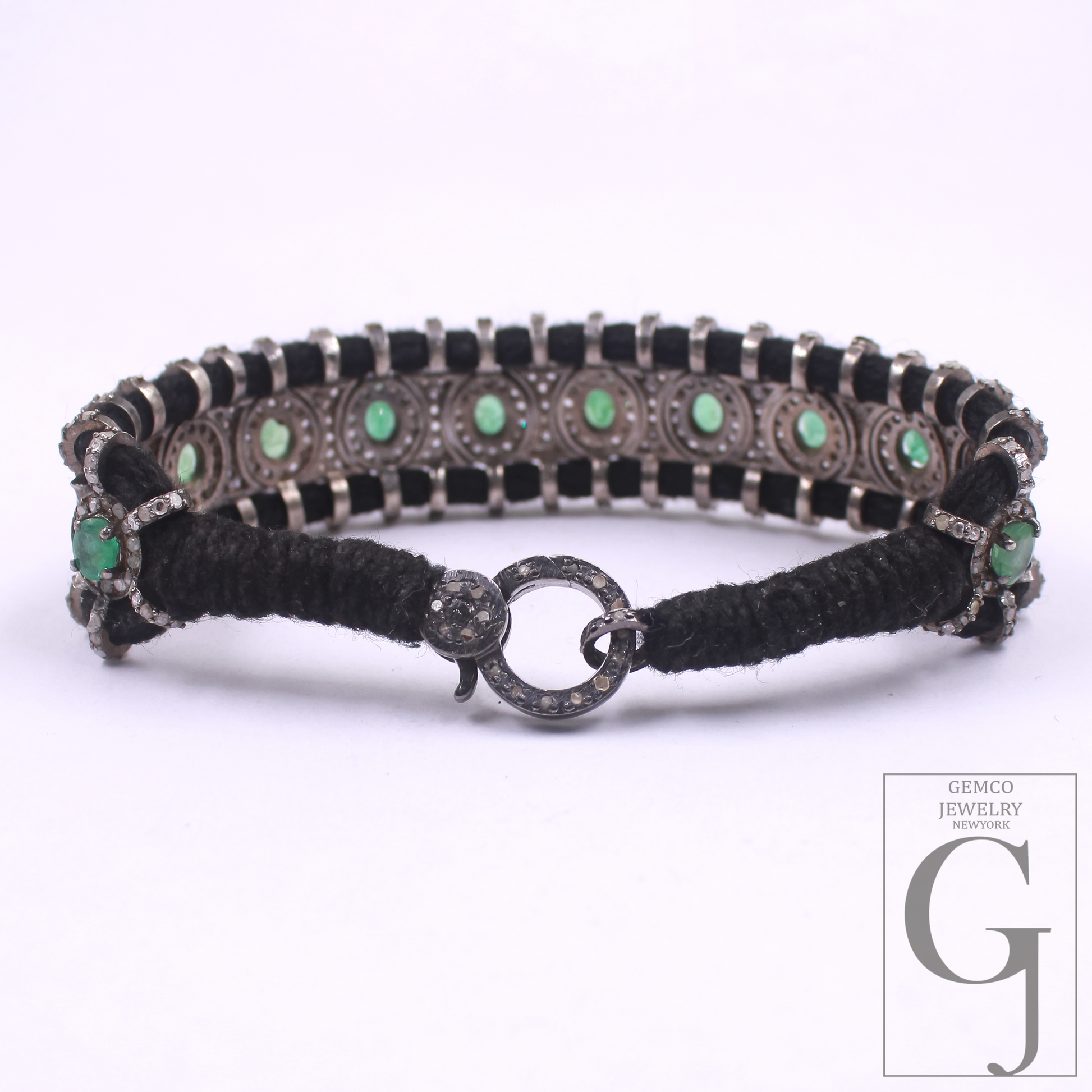 Natural Emerald With Pave Diamonds Thread Bracelet Handmade Finish Thread Jewelry Everyday Wear