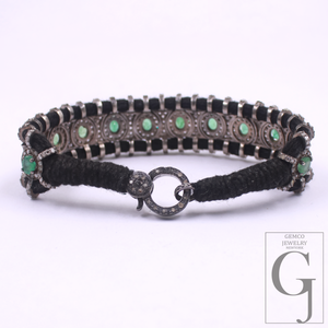 Natural Emerald With Pave Diamonds Thread Bracelet Handmade Finish Thread Jewelry Everyday Wear