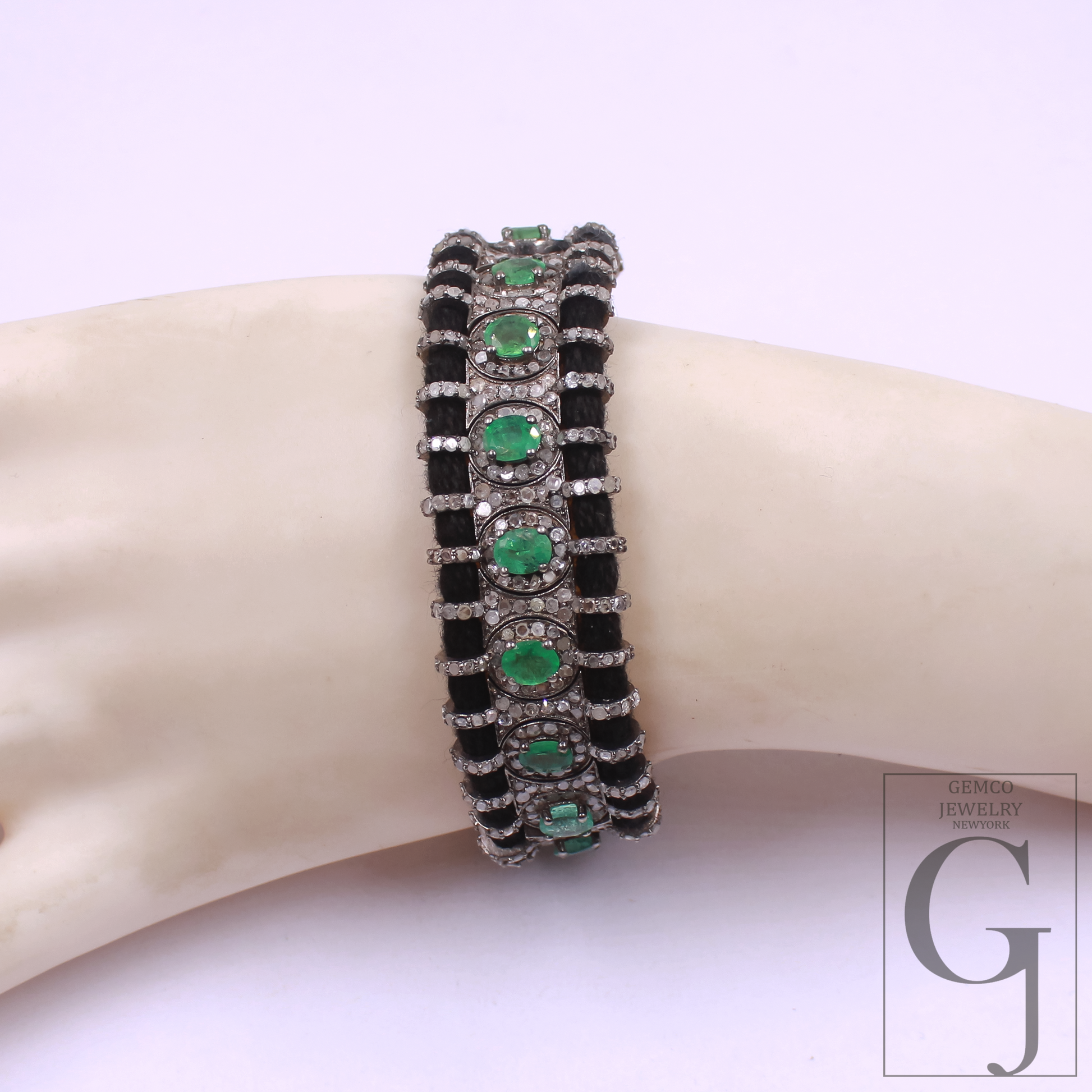 Natural Emerald With Pave Diamonds Thread Bracelet Handmade Finish Thread Jewelry Everyday Wear