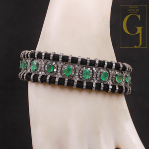 Natural Emerald With Pave Diamonds Thread Bracelet Handmade Finish Thread Jewelry Everyday Wear