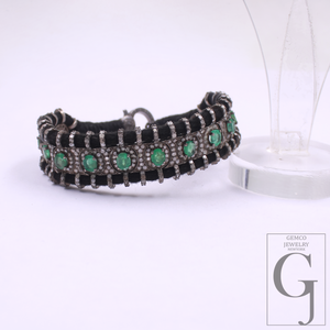 Natural Emerald With Pave Diamonds Thread Bracelet Handmade Finish Thread Jewelry Everyday Wear