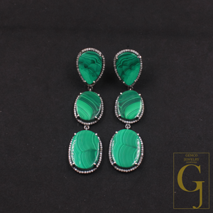 Malachite Earrings With Pave Diamonds In 925 Sterling Silver Handmade Finish Jewelry Gift For Her