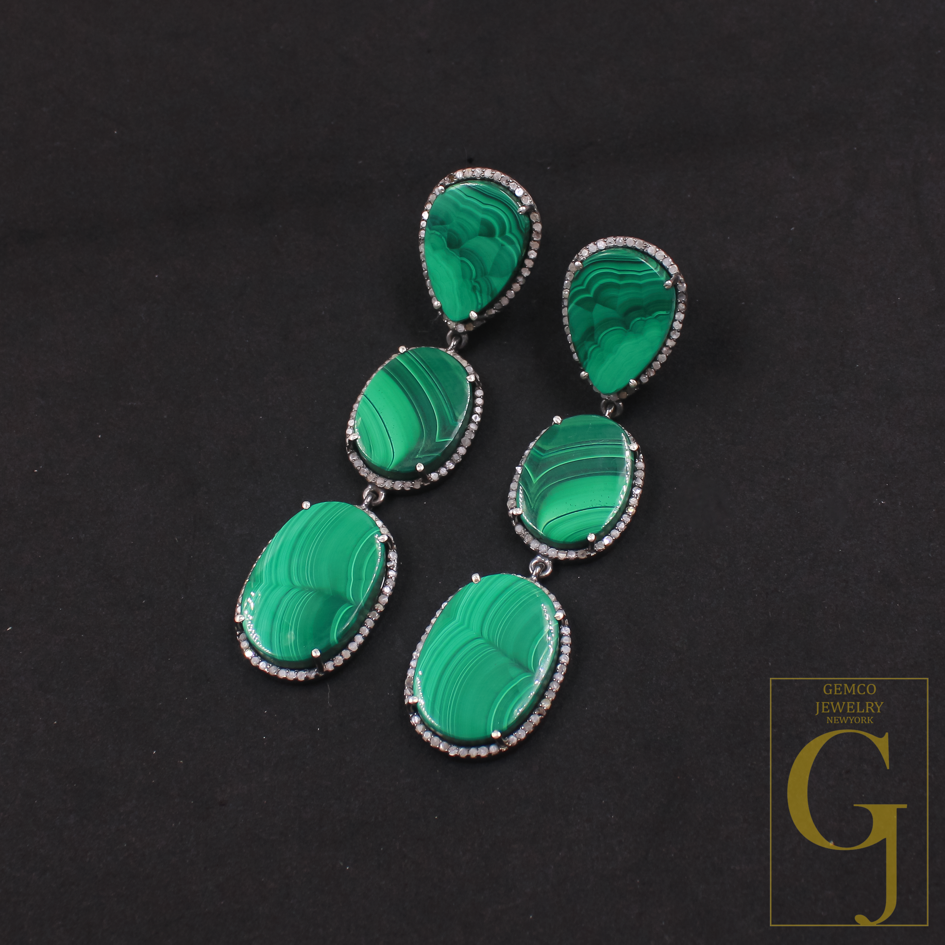 Malachite Earrings With Pave Diamonds In 925 Sterling Silver Handmade Finish Jewelry Gift For Her
