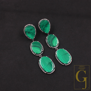 Malachite Earrings With Pave Diamonds In 925 Sterling Silver Handmade Finish Jewelry Gift For Her