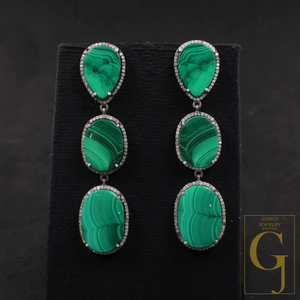 Malachite Earrings With Pave Diamonds In 925 Sterling Silver Handmade Finish Jewelry Gift For Her