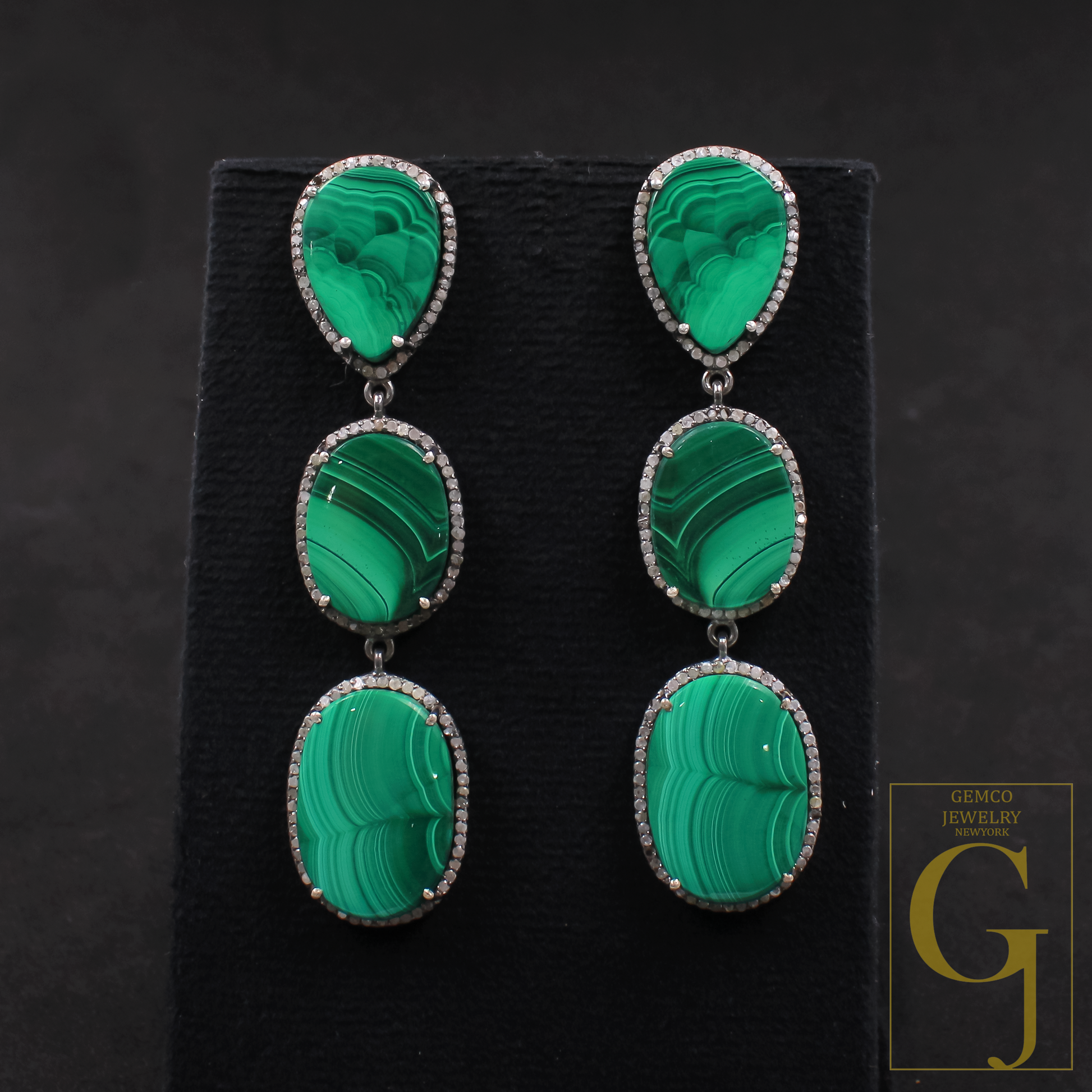 Malachite Earrings With Pave Diamonds In 925 Sterling Silver Handmade Finish Jewelry Gift For Her