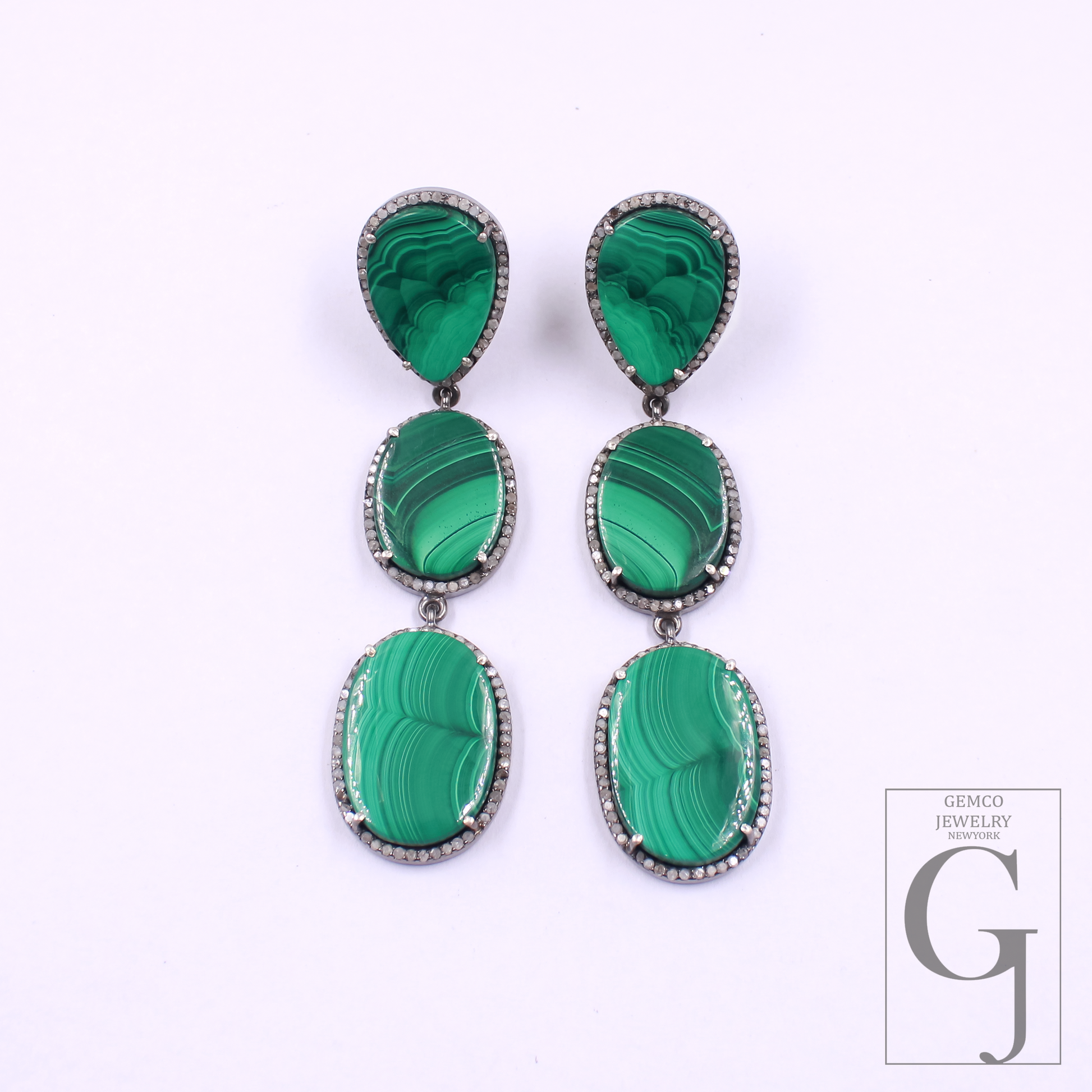 Malachite Earrings With Pave Diamonds In 925 Sterling Silver Handmade Finish Jewelry Gift For Her
