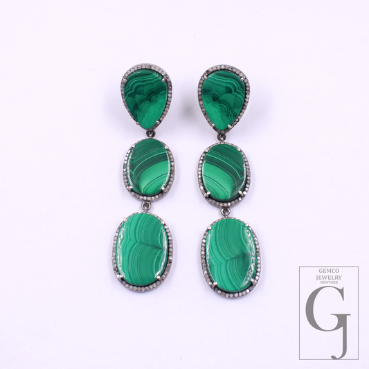 Malachite Earrings With Pave Diamonds In 925 Sterling Silver Handmade Finish Jewelry Gift For Her