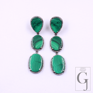 Malachite Earrings With Pave Diamonds In 925 Sterling Silver Handmade Finish Jewelry Gift For Her