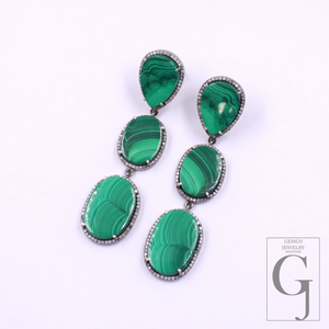 Malachite Earrings With Pave Diamonds In 925 Sterling Silver Handmade Finish Jewelry Gift For Her