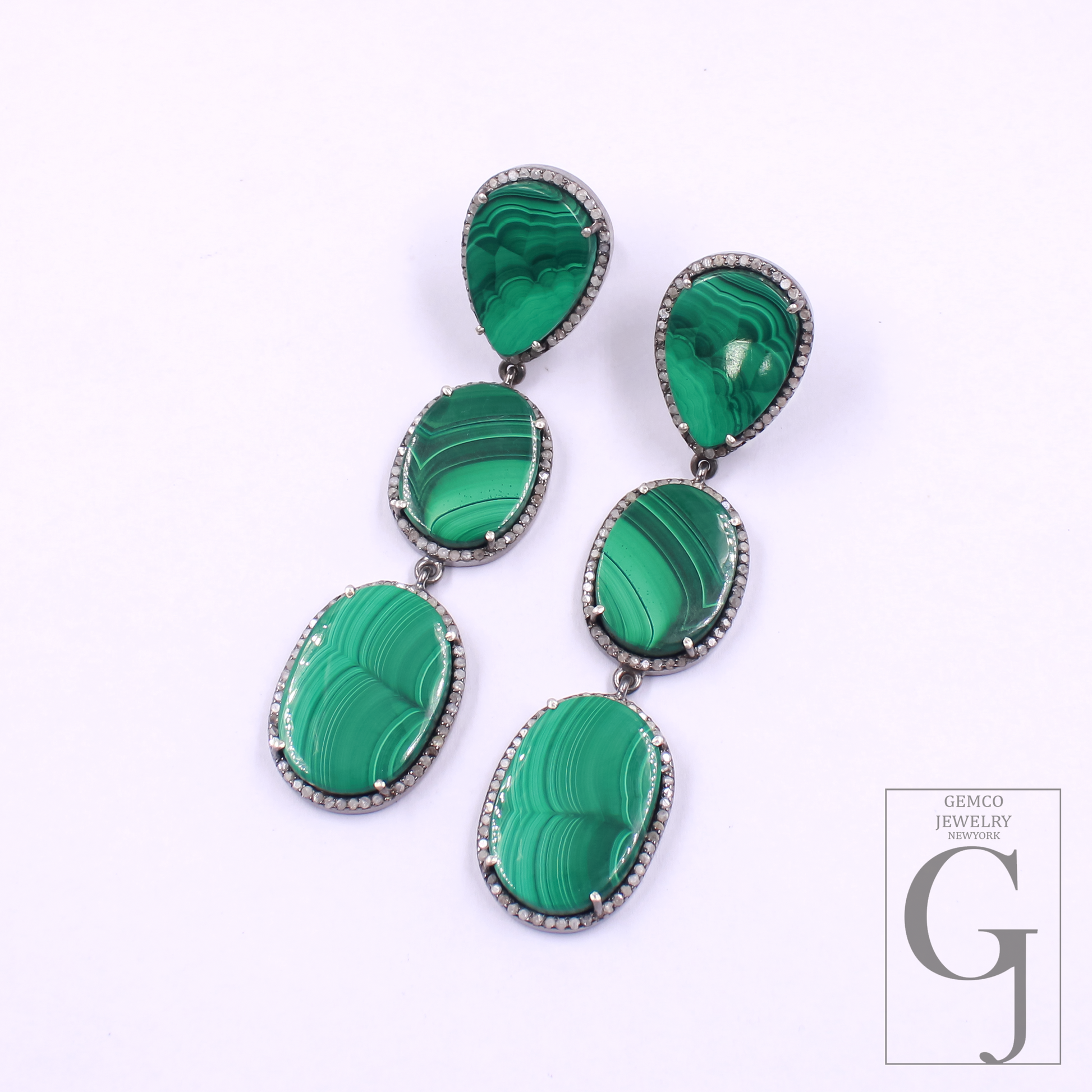 Malachite Earrings With Pave Diamonds In 925 Sterling Silver Handmade Finish Jewelry Gift For Her
