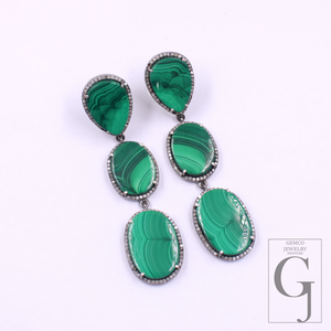 Malachite Earrings With Pave Diamonds In 925 Sterling Silver Handmade Finish Jewelry Gift For Her