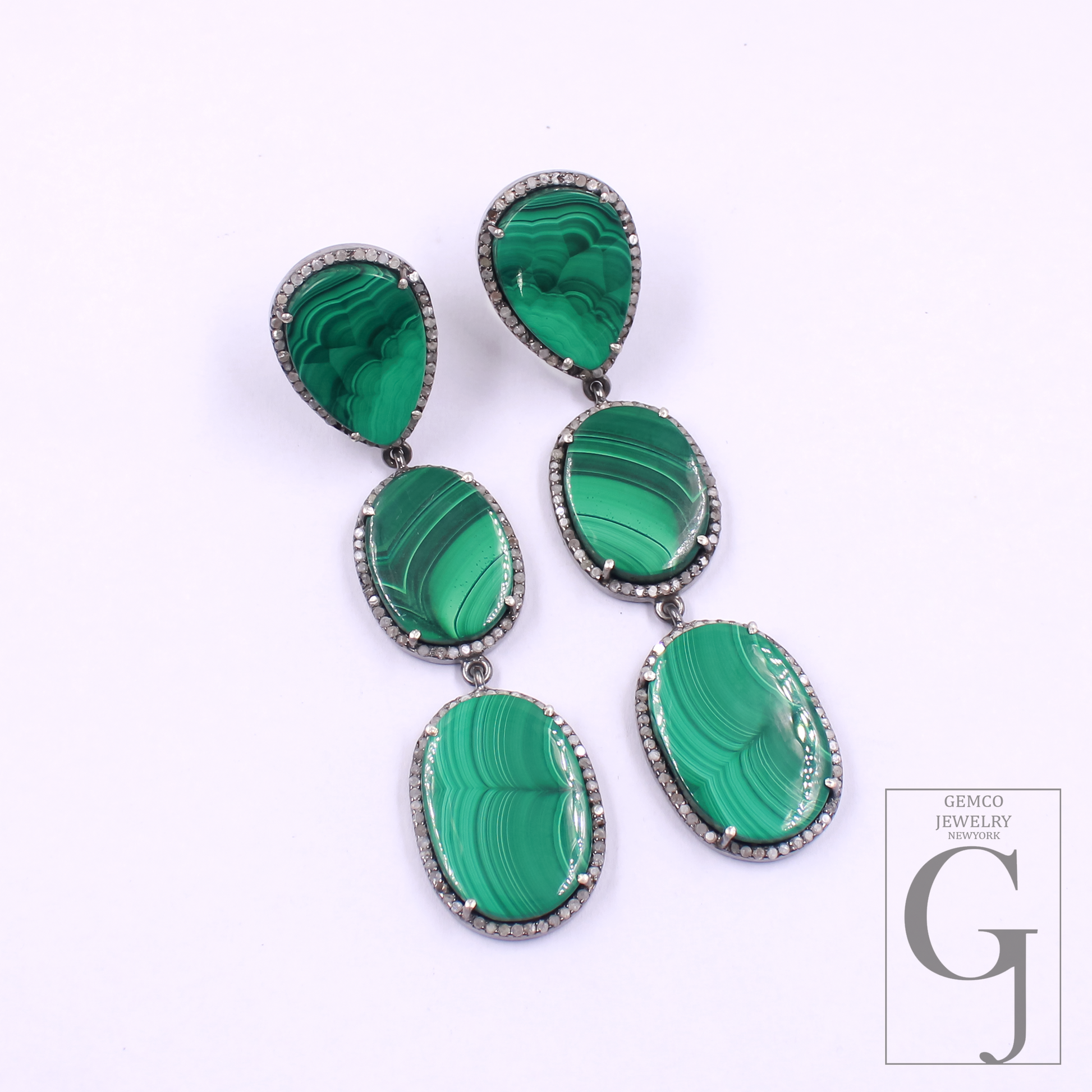 Malachite Earrings With Pave Diamonds In 925 Sterling Silver Handmade Finish Jewelry Gift For Her