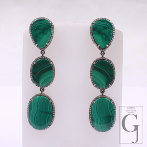 Malachite Earrings With Pave Diamonds In 925 Sterling Silver Handmade Finish Jewelry Gift For Her