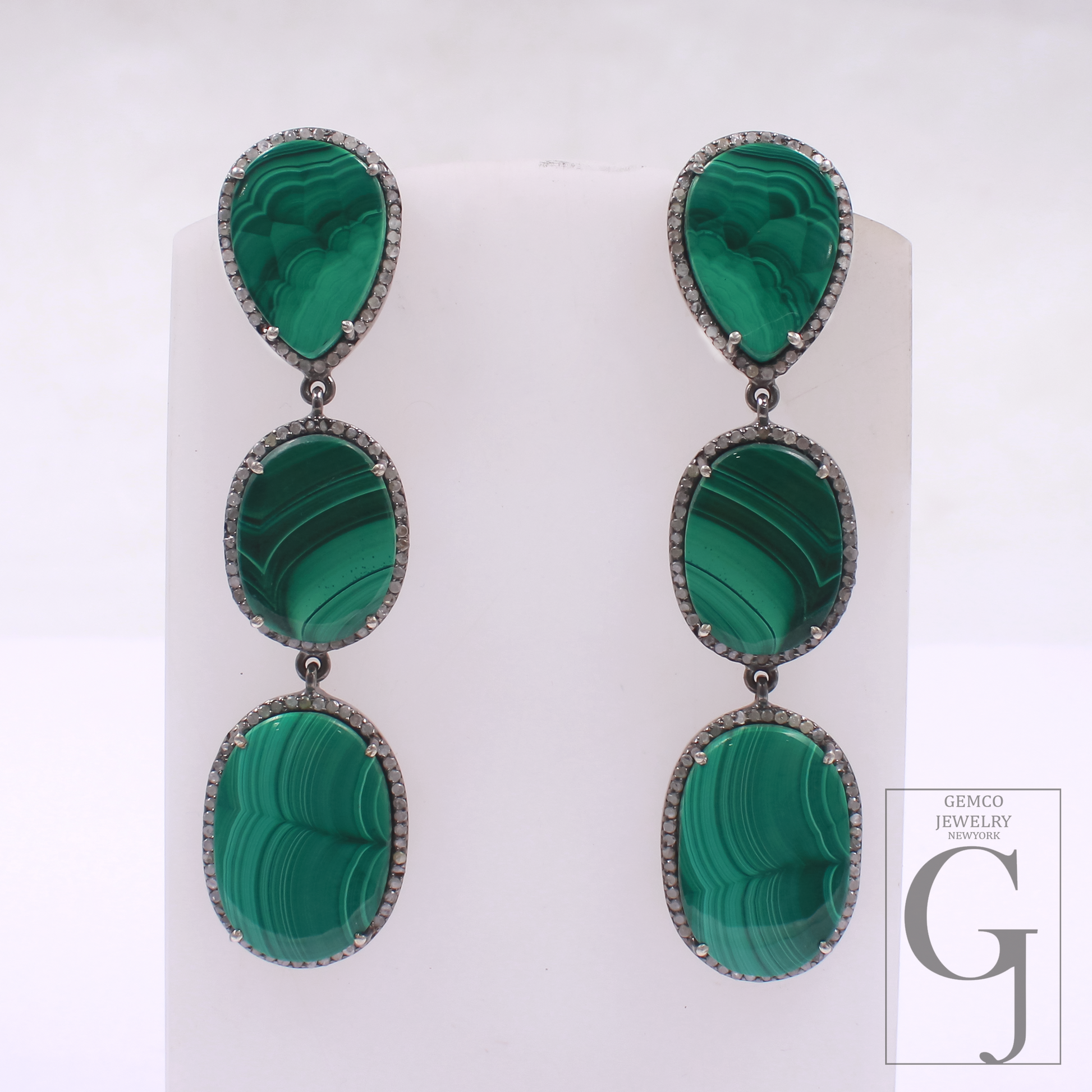 Malachite Earrings With Pave Diamonds In 925 Sterling Silver Handmade Finish Jewelry Gift For Her