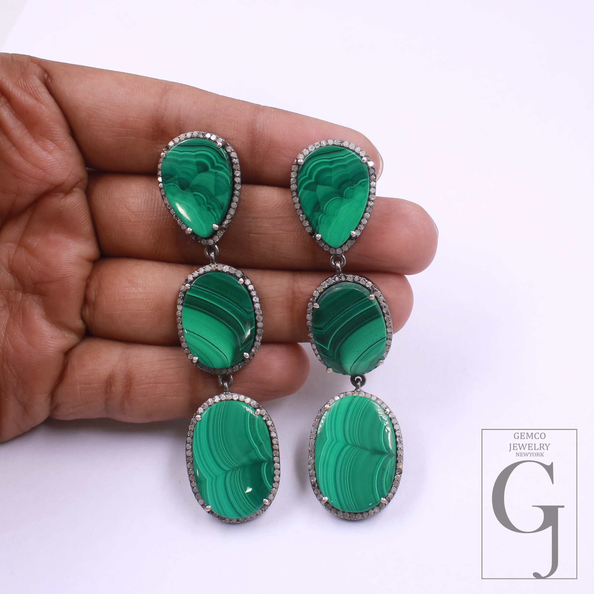 Malachite Earrings With Pave Diamonds In 925 Sterling Silver Handmade Finish Jewelry Gift For Her