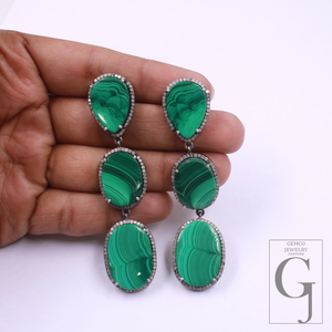 Malachite Earrings With Pave Diamonds In 925 Sterling Silver Handmade Finish Jewelry Gift For Her