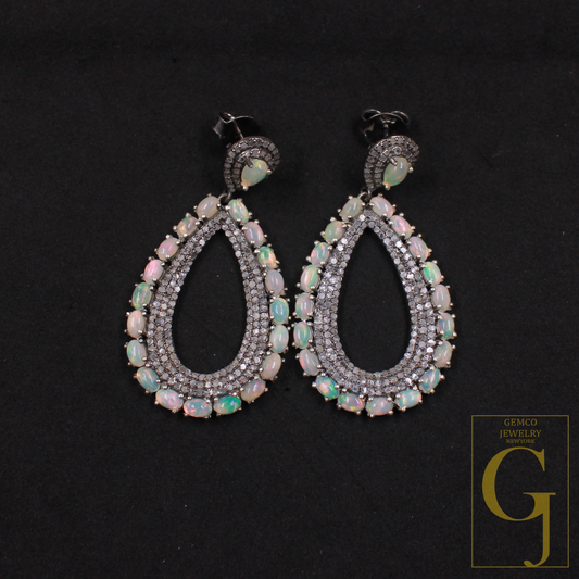 Natural Ethiopian Opal Earrings With Pave Diamonds In 925 Sterling Silver Handmade Earrings Jewelry Gift For Her