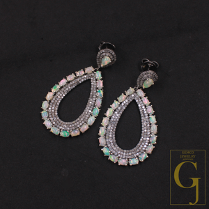 Natural Ethiopian Opal Earrings With Pave Diamonds In 925 Sterling Silver Handmade Earrings Jewelry Gift For Her