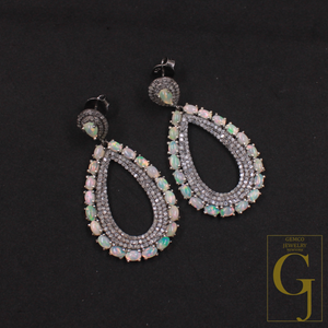 Natural Ethiopian Opal Earrings With Pave Diamonds In 925 Sterling Silver Handmade Earrings Jewelry Gift For Her
