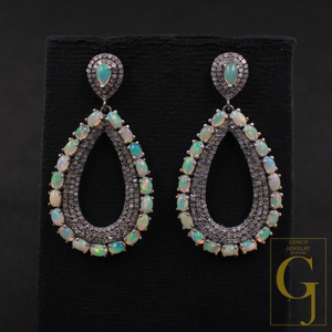 Natural Ethiopian Opal Earrings With Pave Diamonds In 925 Sterling Silver Handmade Earrings Jewelry Gift For Her