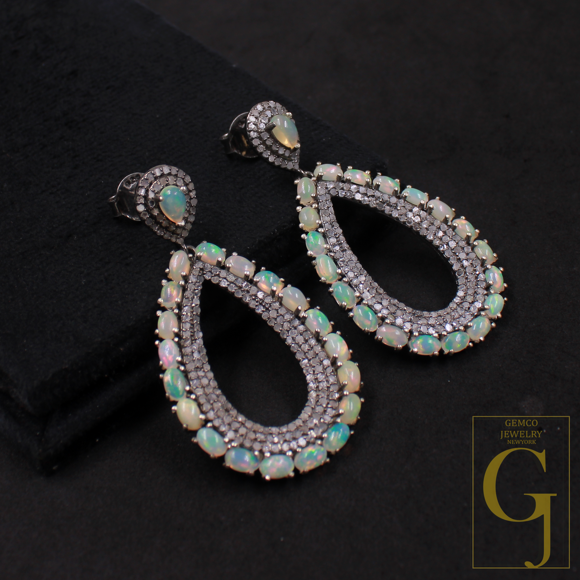 Natural Ethiopian Opal Earrings With Pave Diamonds In 925 Sterling Silver Handmade Earrings Jewelry Gift For Her