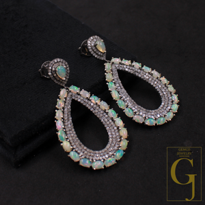 Natural Ethiopian Opal Earrings With Pave Diamonds In 925 Sterling Silver Handmade Earrings Jewelry Gift For Her