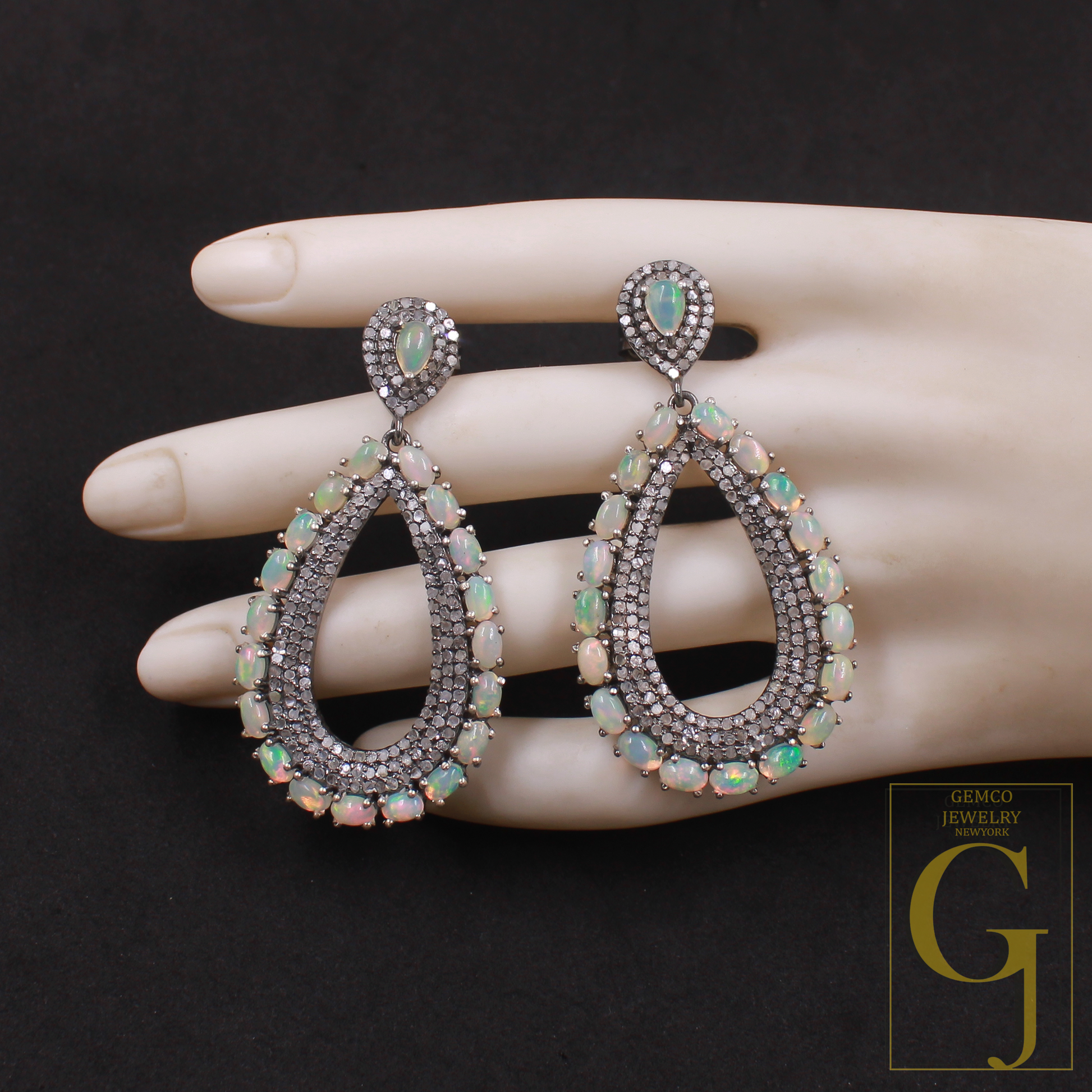 Natural Ethiopian Opal Earrings With Pave Diamonds In 925 Sterling Silver Handmade Earrings Jewelry Gift For Her