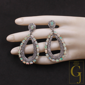 Natural Ethiopian Opal Earrings With Pave Diamonds In 925 Sterling Silver Handmade Earrings Jewelry Gift For Her