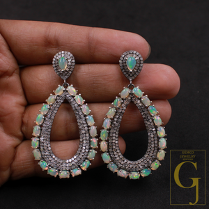 Natural Ethiopian Opal Earrings With Pave Diamonds In 925 Sterling Silver Handmade Earrings Jewelry Gift For Her