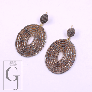 Pave Diamonds Earrings With Vermeil Gold In 925 Sterling Silver Handmade Finish Wedding Jewelry