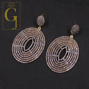Pave Diamonds Earrings With Vermeil Gold In 925 Sterling Silver Handmade Finish Wedding Jewelry