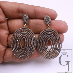 Pave Diamonds Earrings With Vermeil Gold In 925 Sterling Silver Handmade Finish Wedding Jewelry