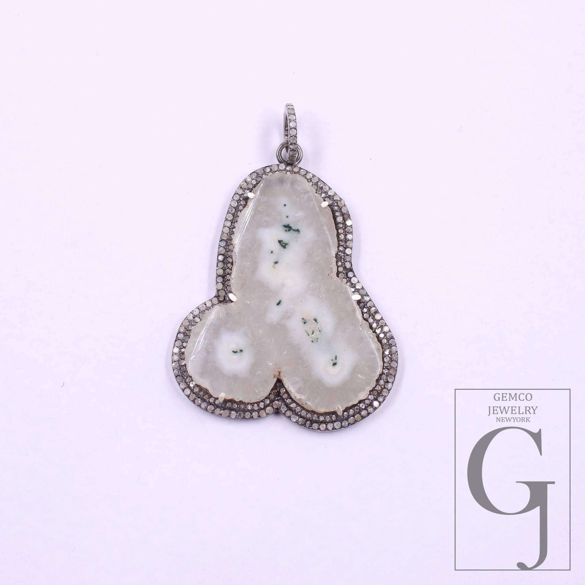 Beautiful White Agate Pendant With Pave Diamonds In 925 Sterling Silver Handmade Finish Pendant For Wedding Gift