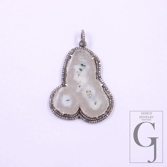 Beautiful White Agate Pendant With Pave Diamonds In 925 Sterling Silver Handmade Finish Pendant For Wedding Gift