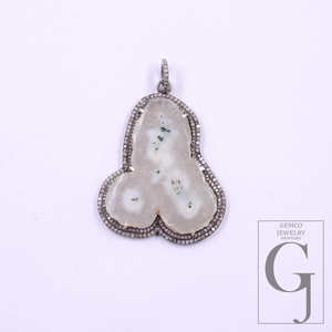 Beautiful White Agate Pendant With Pave Diamonds In 925 Sterling Silver Handmade Finish Pendant For Wedding Gift