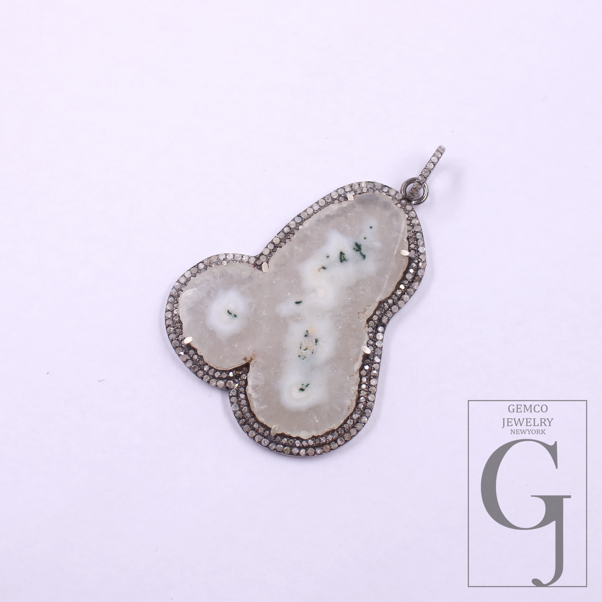 Beautiful White Agate Pendant With Pave Diamonds In 925 Sterling Silver Handmade Finish Pendant For Wedding Gift
