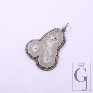 Beautiful White Agate Pendant With Pave Diamonds In 925 Sterling Silver Handmade Finish Pendant For Wedding Gift