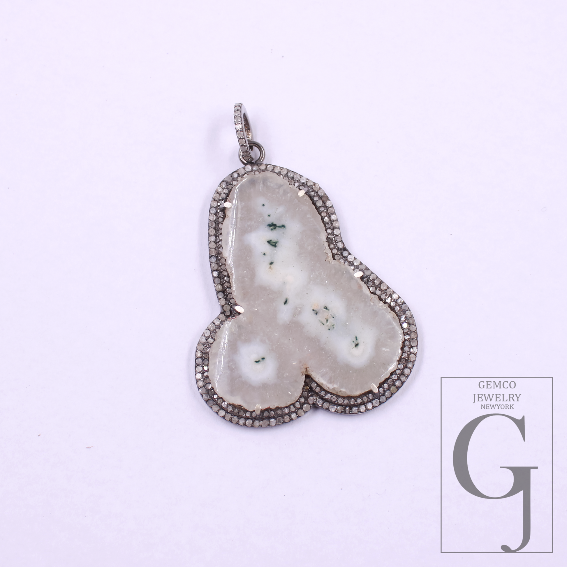 Beautiful White Agate Pendant With Pave Diamonds In 925 Sterling Silver Handmade Finish Pendant For Wedding Gift