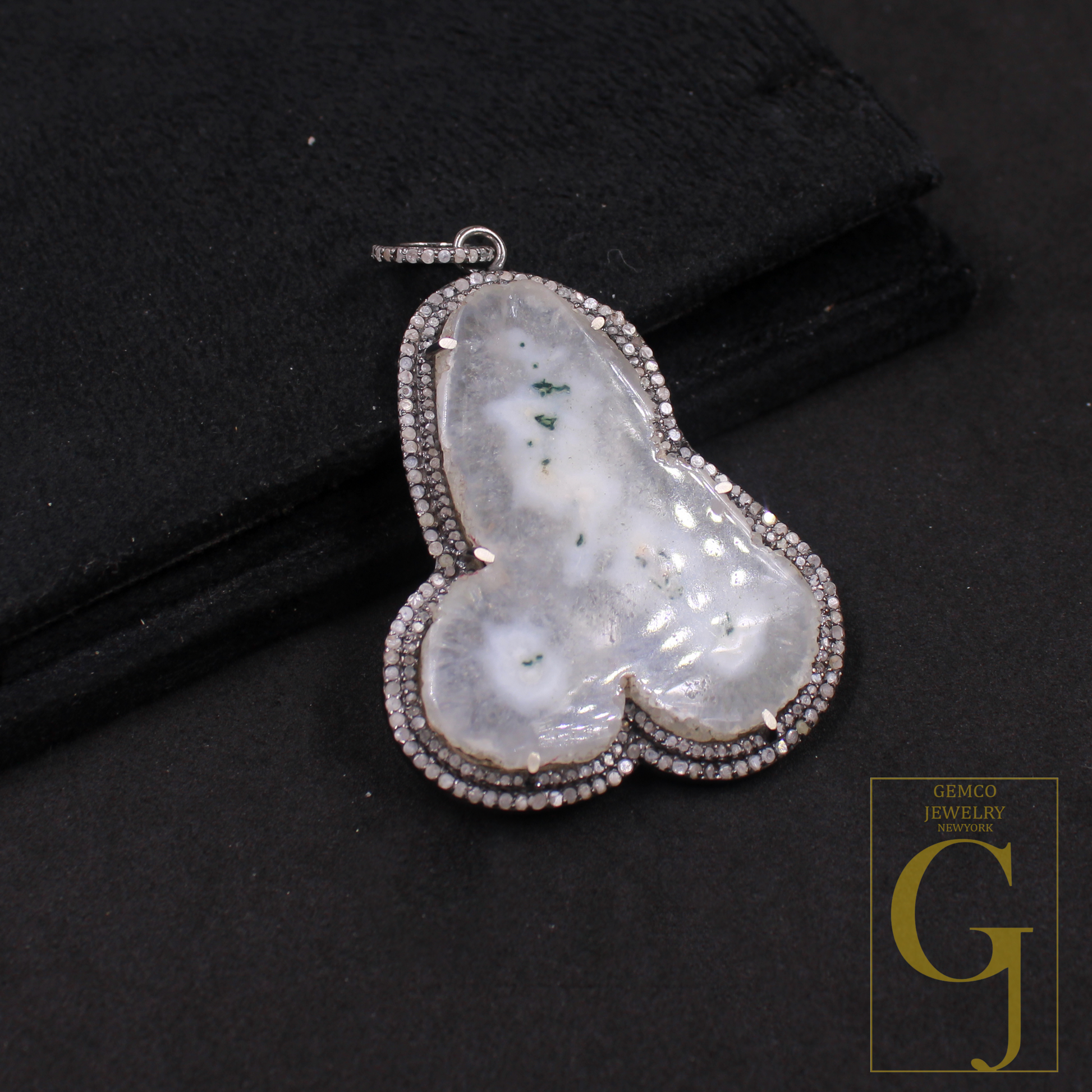 Beautiful White Agate Pendant With Pave Diamonds In 925 Sterling Silver Handmade Finish Pendant For Wedding Gift
