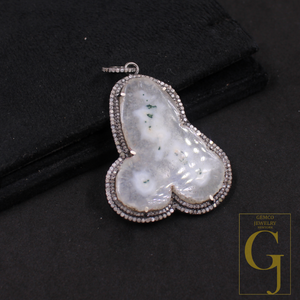 Beautiful White Agate Pendant With Pave Diamonds In 925 Sterling Silver Handmade Finish Pendant For Wedding Gift