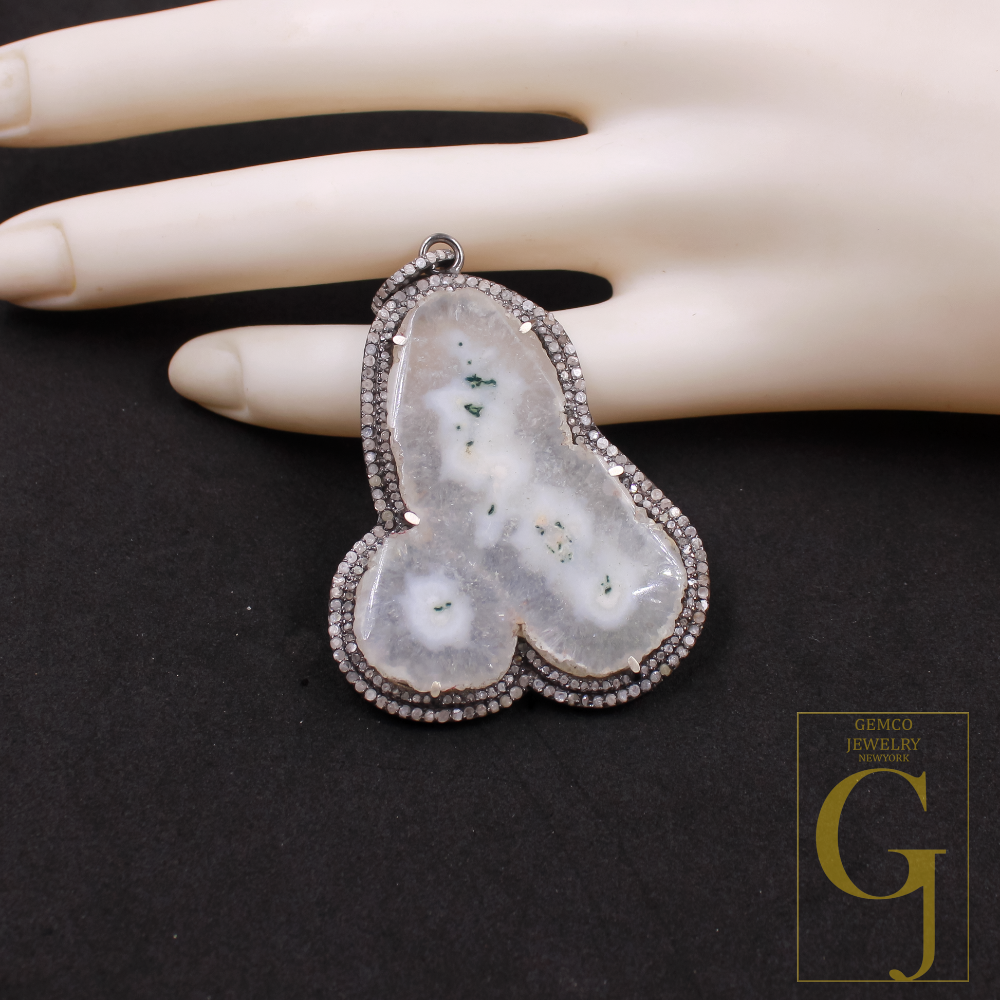 Beautiful White Agate Pendant With Pave Diamonds In 925 Sterling Silver Handmade Finish Pendant For Wedding Gift