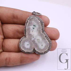 Beautiful White Agate Pendant With Pave Diamonds In 925 Sterling Silver Handmade Finish Pendant For Wedding Gift