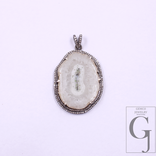 Natural White Agate Pendant With Pave Diamonds In 925 Sterling Silver Handmade Finish Pendant For Daily Wear