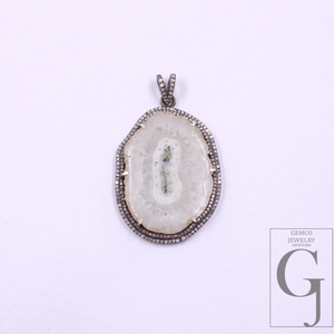 Natural White Agate Pendant With Pave Diamonds In 925 Sterling Silver Handmade Finish Pendant For Daily Wear