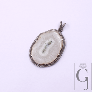 Natural White Agate Pendant With Pave Diamonds In 925 Sterling Silver Handmade Finish Pendant For Daily Wear