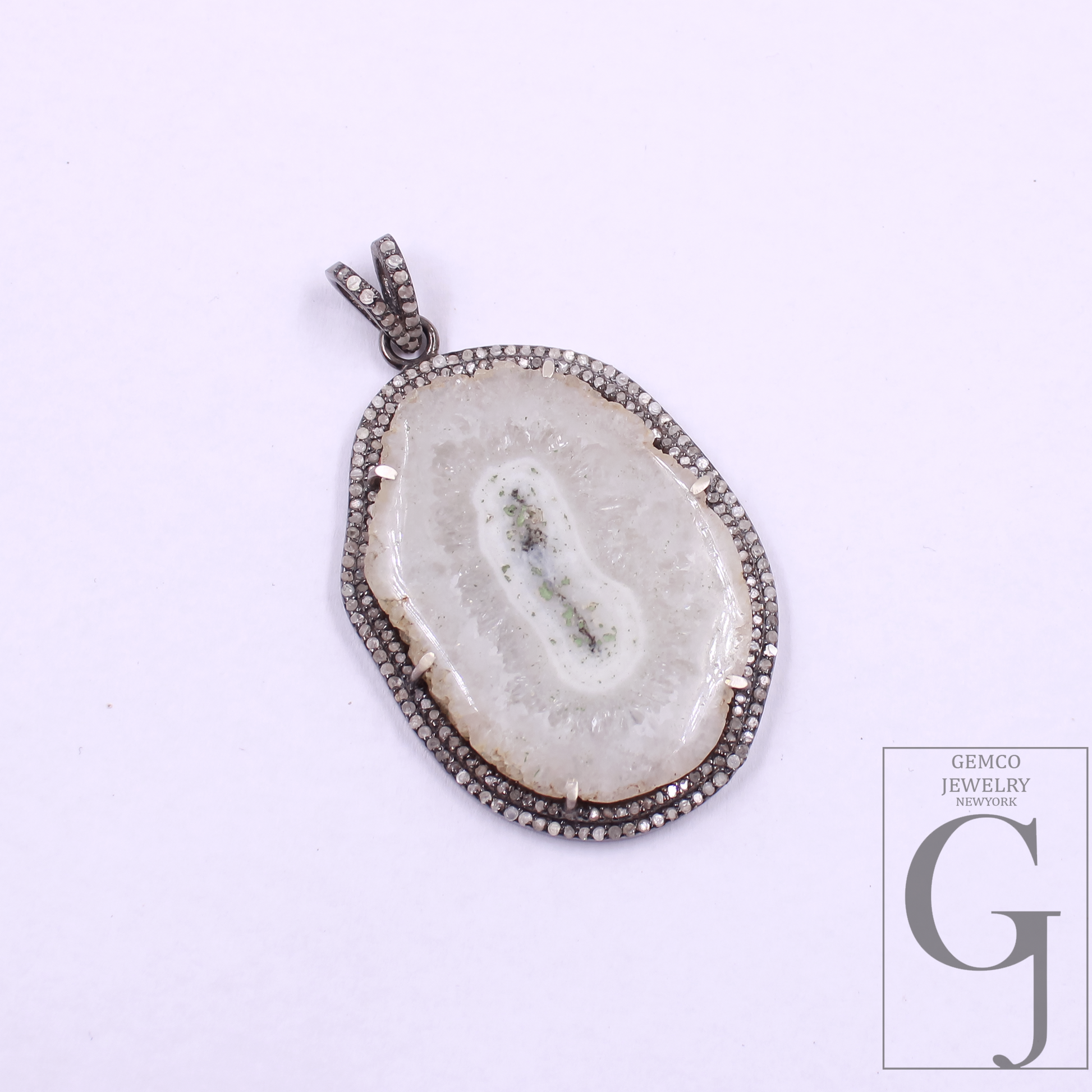 Natural White Agate Pendant With Pave Diamonds In 925 Sterling Silver Handmade Finish Pendant For Daily Wear