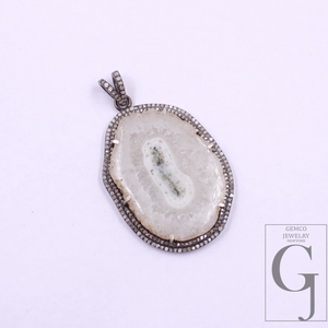 Natural White Agate Pendant With Pave Diamonds In 925 Sterling Silver Handmade Finish Pendant For Daily Wear